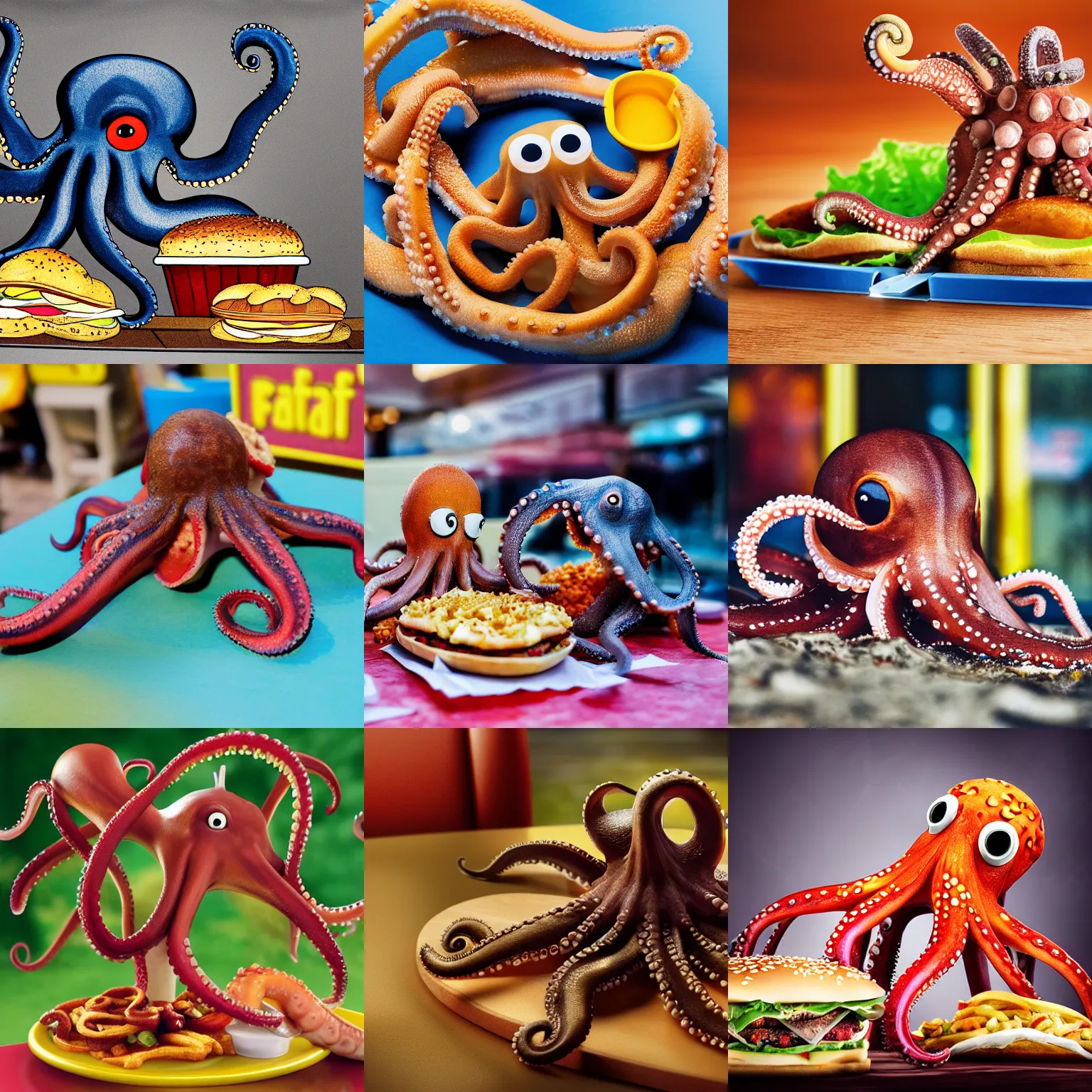 Prompt: octopus eating fastfood, highly realistic, 5 5 mm