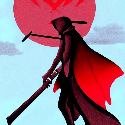 Prompt: red grim reaper holding his scythe in a red thunderstorm, cel shaded, anime art style, highly detailed