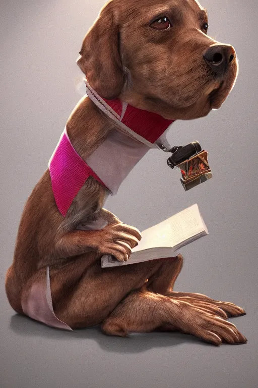 Image similar to well-dressed humanoid dog reading a book, vivid colors, high details, cinematic, 8k resolution, beautiful detailed, photorealistic, digital painting, artstation, concept art, smooth, sharp focus, illustration, fantasy background, artstation trending, octane render, unreal engine