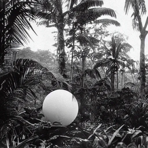 Image similar to a rizom lost film footage of a ( ( ( ( ( ( ( ( sphere ) ) ) ) ) ) ) ) in the middle of the tropical jungle / tropicalism / tropicalism / tropicalism / film still / cinematic / enhanced / 1 9 2 0 s / black and white / grain