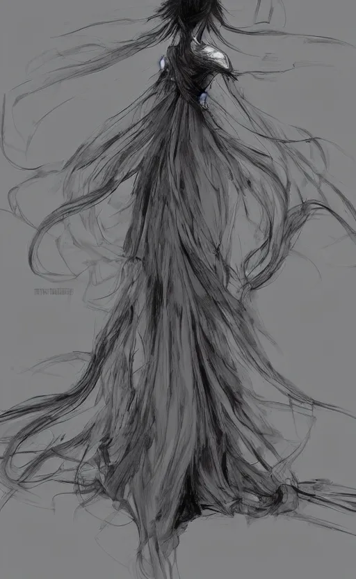 Prompt: a woman sitting in a long gown, her back is to us completely, pinterest hair picture, back of the hair, long In style of Yoji Shinkawa and Hyung-tae Kim, concept art, highly detailed