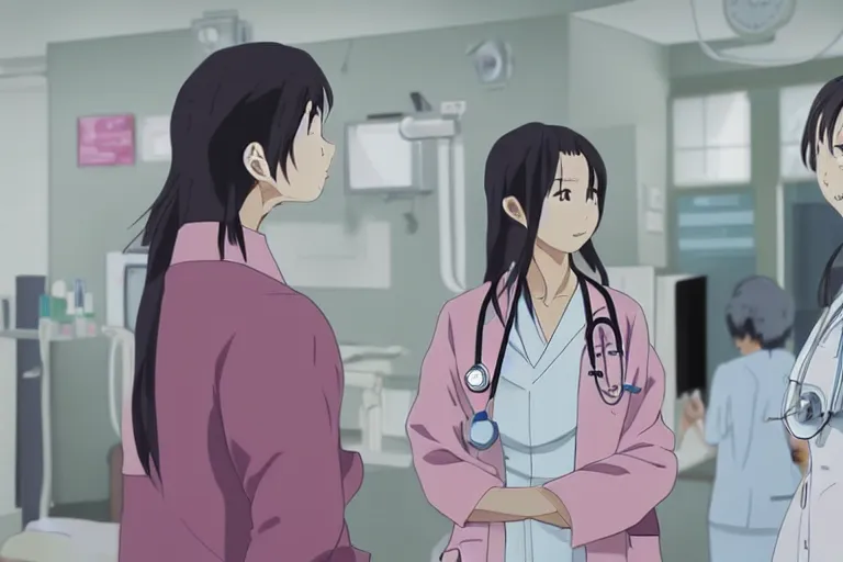 Image similar to a beautiful young female doctor wearing white coat are talking with a nurse wearing pink coat in a hospital ward, slice of life anime, anime scenery by Makoto shinkai