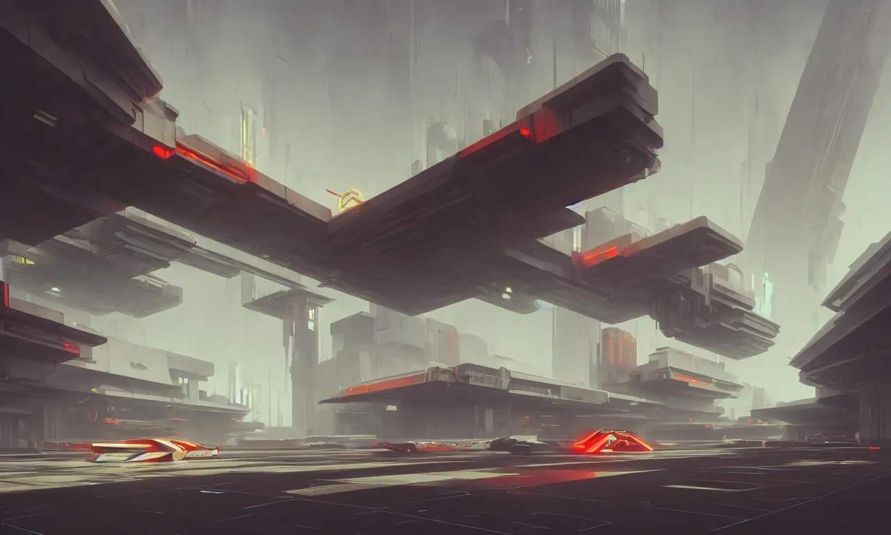 Prompt: simple brutalist architecture, colorful neon lighting, flying vehicles, greg rutkowski, syd mead, ralph mcquarrie, concept art, matte painting, highly detailed, rule of thirds, dynamic lighting, cinematic, detailed, denoised, centered