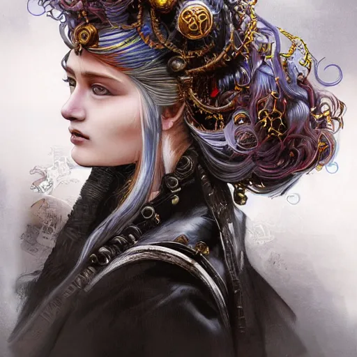 Image similar to portrait, headshot, insanely nice professional hair style, dramatic hair color, digital painting, of a old 17th century, old cyborg merchant, amber jewels, baroque, Chinese Three Kingdoms, ornate clothing, scifi, realistic, hyperdetailed, chiaroscuro, concept art, art by Franz Hals and Jon Foster and Ayami Kojima and Amano and Karol Bak,