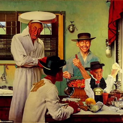 Image similar to a thin man wearing a hat entertains jesus christ with a magic trick in the kitchen, painted by norman rockwell and tom lovell and frank schoonover