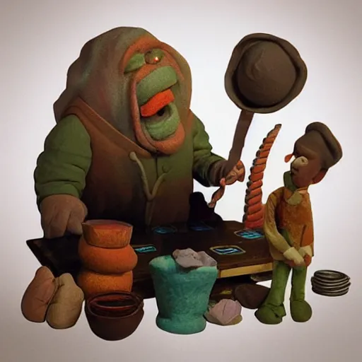 Image similar to “ greedy merchant meme, claymation, hyperrealistic, volumetric lighting, 3 5 mm film still ”