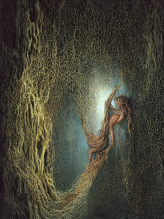 Image similar to A detailed painting of cobweb hanging on the eldritch forest cave,ethereal,maximalism,glittering,by Gustave Doré and peter gric,Trending on artstation,cgsociety,Ligne Claire, ominous, 4k, DSLR,vivid color