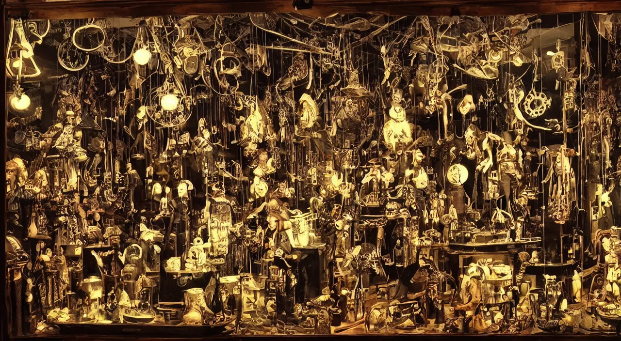 Prompt: steampunk shop window by junji ito, darkness, neon lights, photo realistic, completely filled with interesting oddities, things hanging from ceiling, light bulbs, cinematic
