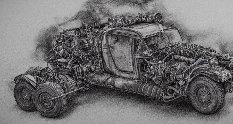 Prompt: highly detailed graphite drawing of a fury road car