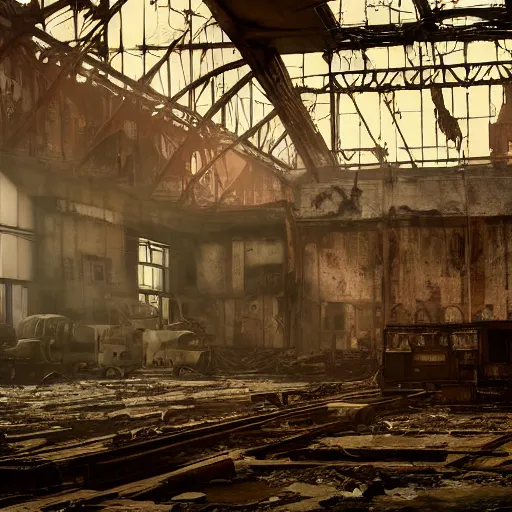 Image similar to fallout 5, indoors dilapidated partially ruined factory interior, rusted machinery, atmospheric lighting, painted, intricate, volumetric lighting, beautiful, daytime, sunny weather, slight overcast, golden hour, sharp focus, deep colours, ultra detailed, by leesha hannigan, ross tran, thierry doizon, kai carpenter, ignacio fernandez rios