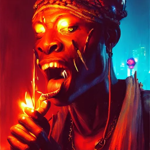 Image similar to shaka zulu as a cybperpunk gangster, eating fire in the neon ghetto, by greg rutkowski and android jones in a surreal portrait style, cyberpunk, oil on canvas, 8k