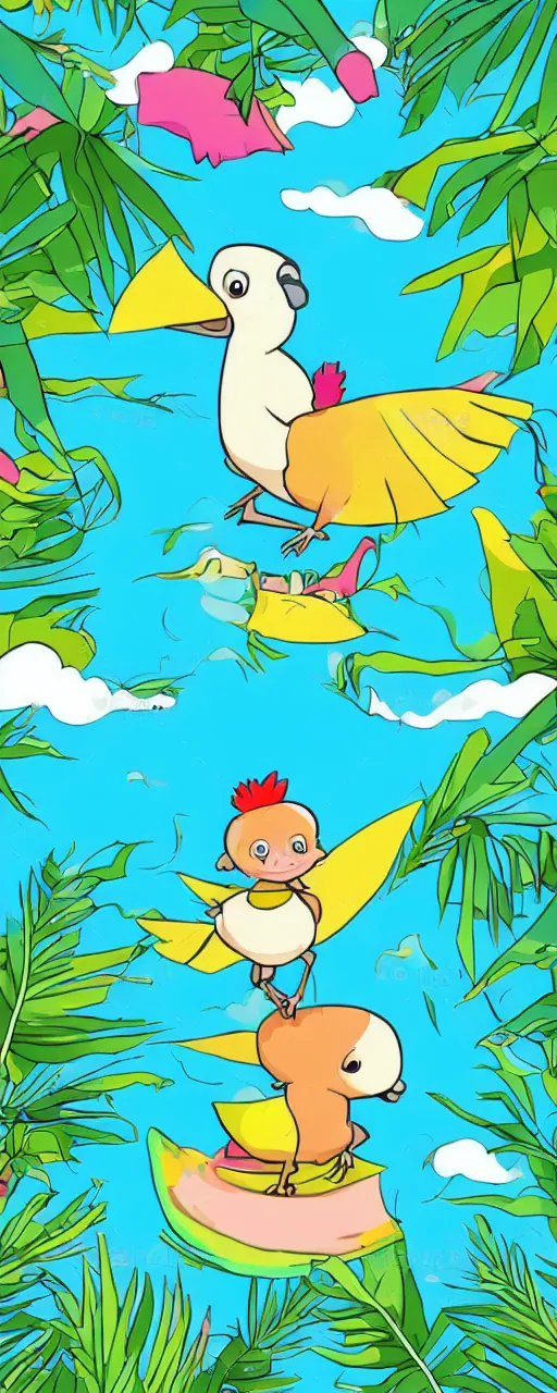 Prompt: cute cartoon chibi anime style illustration of a dodo bird surfing. super cute. tropical. colorful.