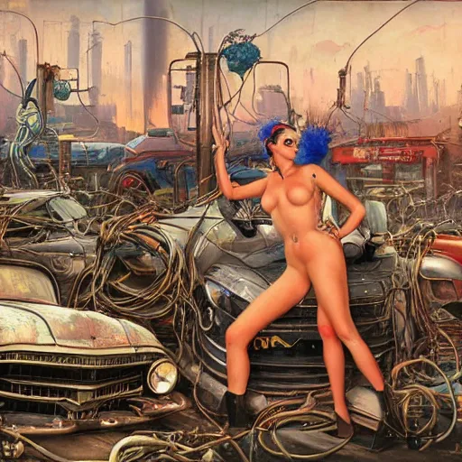 Image similar to Cyberpunk junkyard, organic tendrils and hanging cables, detailed painting by Gil Elvgren and Eric Stanton