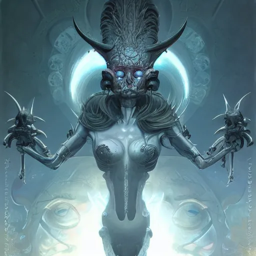 Image similar to beautiful evil fantasy character portrait, ultra realistic, cyborg, wide angle, intricate details, ninja artifacts, highly detailed by peter mohrbacher, hajime sorayama, wayne barlowe, boris vallejo, aaron horkey, gaston bussiere, craig mullins