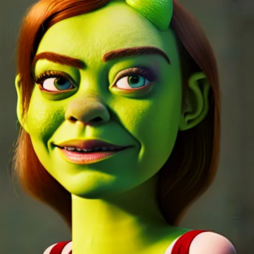 Image similar to Emma Stone as a female version of Shrek, she has shrek nose, ears features, with green skin, fully detailed, high quality , 4k , octane render , soft lightening , masterpiece