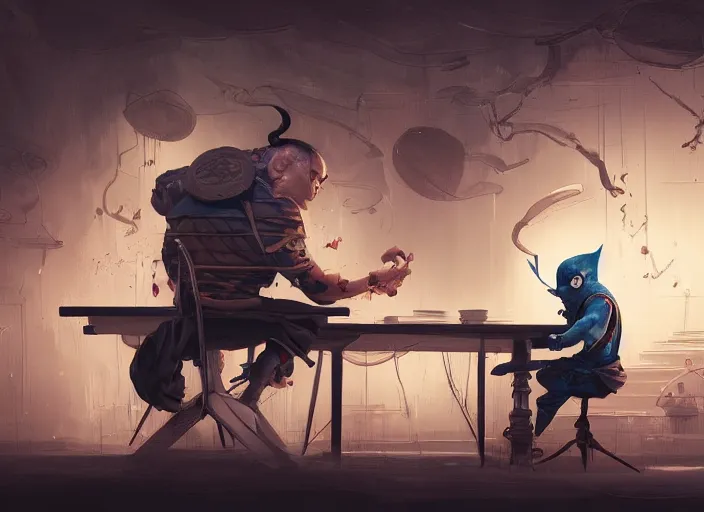 Image similar to an insanely detailed painting of an asian man wearing a homemade superhero costume, sitting at a desk, staring seriously at the computer and typing, in the style of peter mohrbacher, james jean, dramatic lighting and composition, surreal background, octane render, pixar, trending on artstation, concept art, comic book, view from behind, 8 k