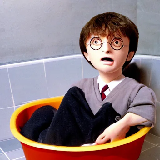 Prompt: Harry potter sitting in a bathtub full of noodles