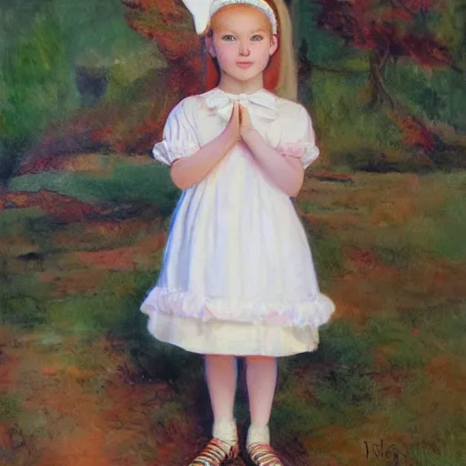 Prompt: A cute young girl with white ruffled dress and bunny ears standing straight by Claire Keane, Marc Davis, James Baxter and Mark Henn, hyperdetailed, photorealistic