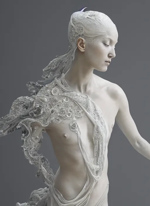 Image similar to opalescent marble sculpture of beautiful woman dissolving into shimmering dust, diaphanous, ivory carving, pearlescent, caustics, fractal paisley inlay, lace, intricate, elegant, highly detailed, digital photography, by ruan jia and greg rutkowski