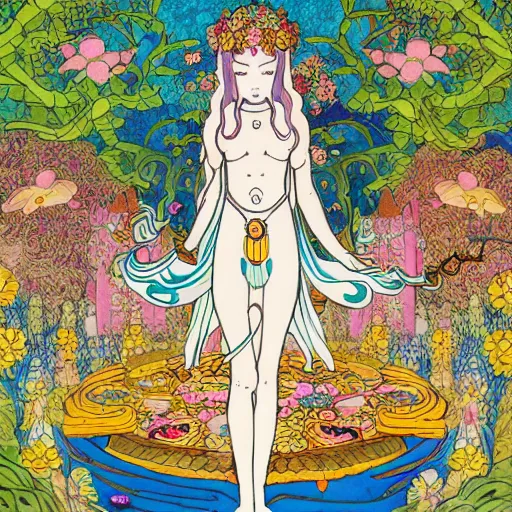 Prompt: a young NeoPagan Goddess of Spring, inside her temple, in a blended style by Junko Mizuno, Henry Darger, and Peter Chung, hyper detailed, photorealistic digital art, flat colors, extremely fine inking lines