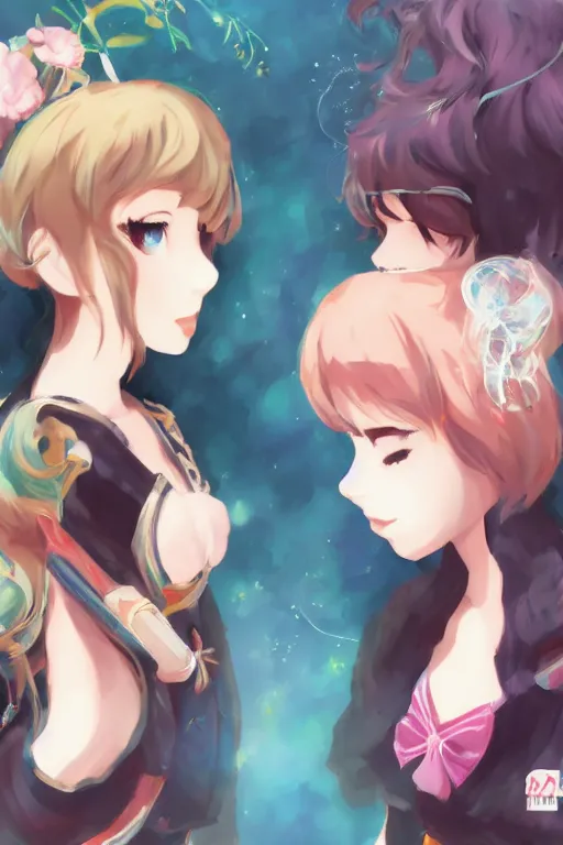 Image similar to two beautiful idols standing face to face, trending artstation, pixiv, detailed anime art