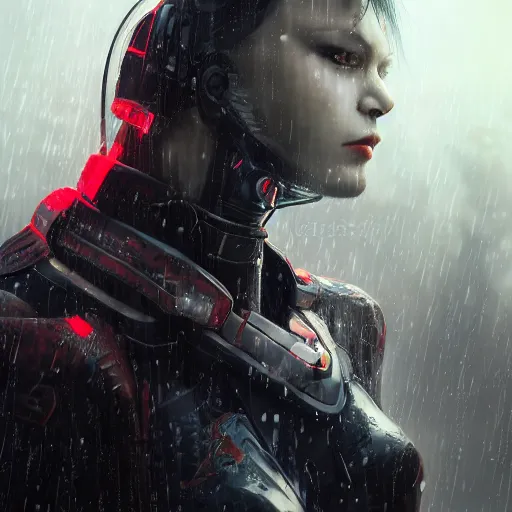 Image similar to An realistic epic fantastic comic book style portrait painting of a female cyber samurai by WLOP, black and reddish color armor, cyberpunk feel raining at tokyo rooftop, Concept world Art, unreal 5, DAZ, hyperrealistic, octane render, cosplay, RPG portrait, dramatic lighting, rim lights