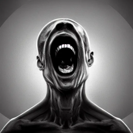 Image similar to his endless screaming makes his own mind eat him up, black and white, artstation, deviantart, pinterest, 8 k