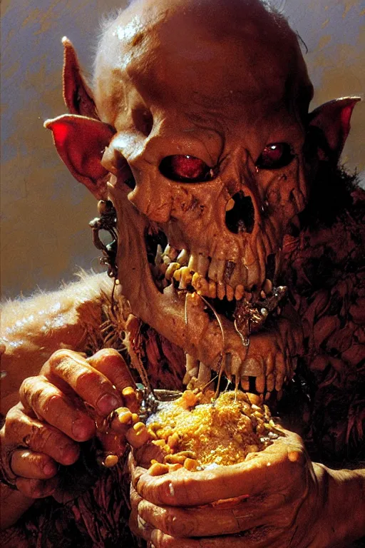 Prompt: extreme close up of a goblin eating baked beans from a skull extremely high detail portrait dnd, painting by gaston bussiere, craig mullins, greg rutkowski, yoji shinkawa