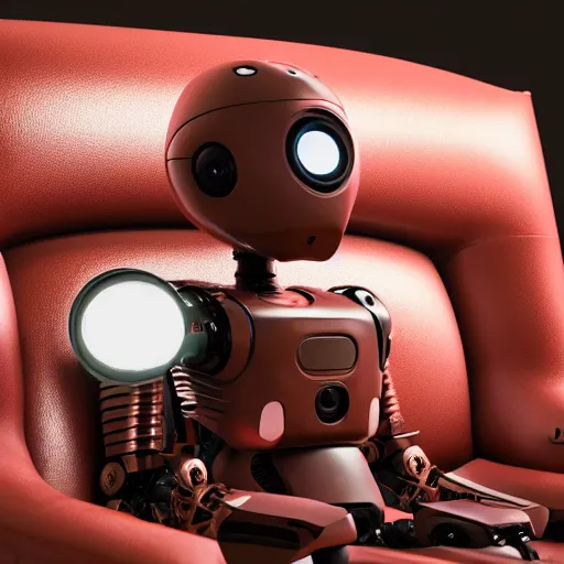 Image similar to futuristic lonely matte brown and red full-body humanoid robot with huge round expressive sad LED eyes and open rectangular mouth sitting on a large comfortable cushioned vintage recliner reading a newspaper. Cinematic Lighting, Cinematic Movie Photograph, Arri Alexa, Extremely Detailed, smooth, very very clean, 8K, octane render, maya render, unreal engine, trending on artstation, DSLR, excellent composition, moody