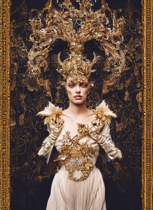 Prompt: a portrait of angelina jollie by stefan geselle and nekro borja, photorealistic, intricate details, hyper realistic, fantasy, elegant, baroque gold headpiece, photorealistic, canon r 3, photography, wide shot, symmetrical features, symmetrical pose, wide angle shot, head to toe, standing pose, feet on the ground, wearable art