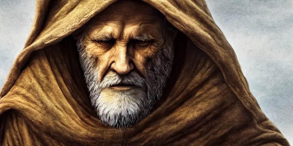 Prompt: a hooded wise old man with a long white beard wearing a brown hooded tunic riding on top of ; lion, majestic, epic digital art, cinematic, trending on artstation, superb detail 8 k, wide - angle, masterpiece