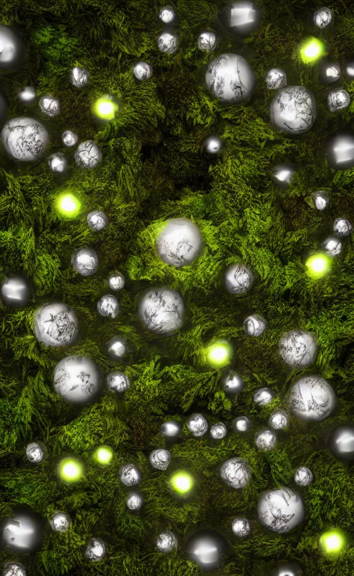 Prompt: the inside of a trash bag decorated with moss and flowers and illuminated by glowing orbs, octane render, abstract, unorthodox, 4k, desktop wallpaper, raytracing