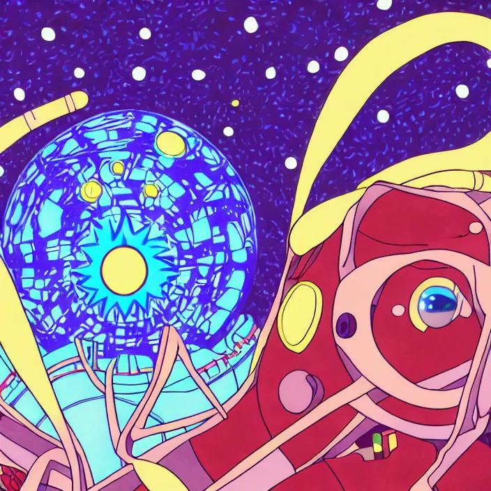 Image similar to close up of mamimi samejima from flcl, psychedelic background, epcot, inside a space station, eye of providence, female anime character, giygas, charles burchfield