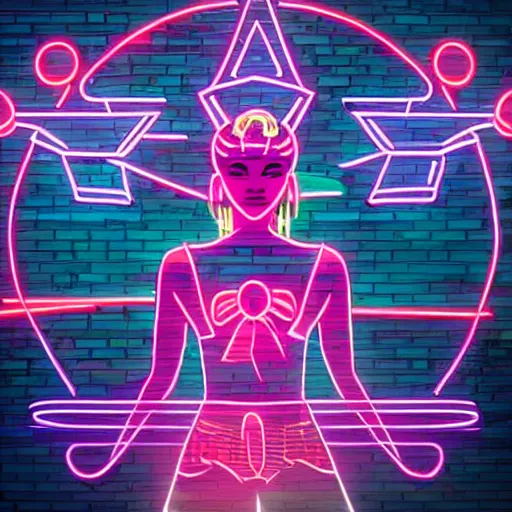 Image similar to portrait of sailor moon with arm tattoos, in the style of cyberpunk on the background of neon signs, symmetrical, single person