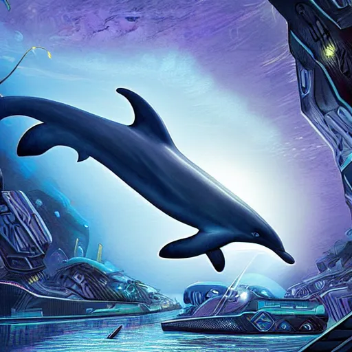 Image similar to an alien dolphin city, sci-fi digital art illustration,