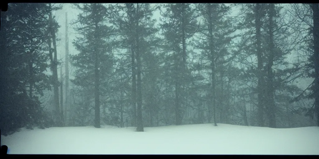 Image similar to photo, bigfoot is in the distance. cold color temperature, snow storm. hazy atmosphere. humidity haze. kodak ektachrome, greenish expired film, award winning, low contrast