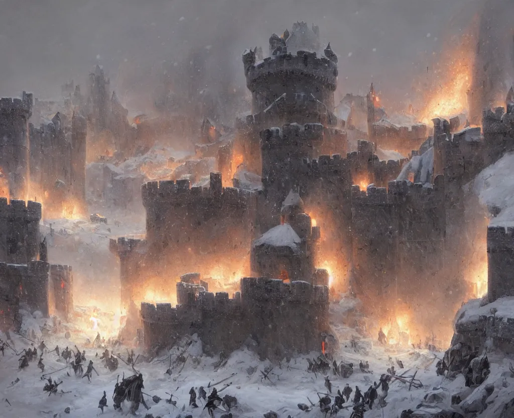 Image similar to Siege of a medieval castle in winter while two great armies face each other fighting below and catapults throw stones at the castle destroying its stone walls, heavy snow storm, fantasy, medieval, fire, explosions and grey smoke here and there, highly detailed, Artstation, oil on canvas painting by greg rutkowski