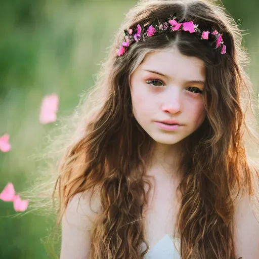Prompt: a portrait of a young girl with wavey long hair, there are butterflys on her head, there's flowers everywhere, very beautiful ambient light with sun rays hitting her hair, 8k photography, wedding photography