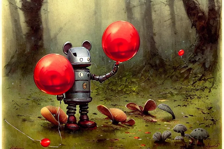 Image similar to adventurer ( ( ( ( ( 1 9 5 0 s retro future robot android mouse and knome holding a red balloon. muted colors. swamp mushrooms island, lillie pads ) ) ) ) ) by jean baptiste monge!!!!!!!!!!!!!!!!!!!!!!!!! chrome red