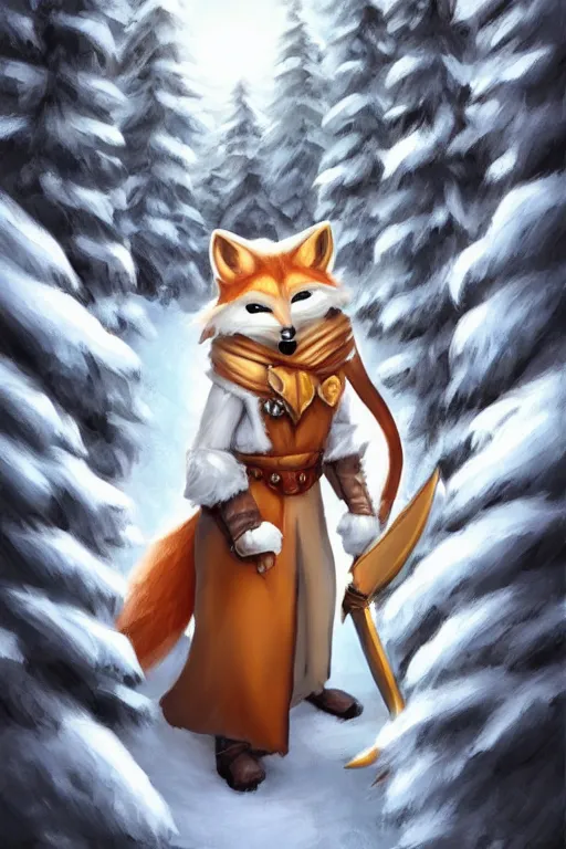 Prompt: a pretty medieval anthropomorphic snow fox ranger with a fluffy tail in the forest, comic art, trending on furaffinity, cartoon, kawaii, backlighting, furry art!!!, radiant light, bokeh, trending on artstation, digital art