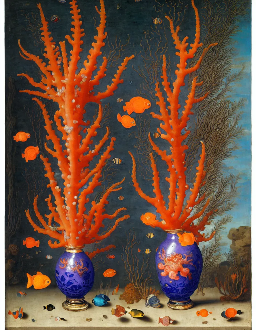 Prompt: bottle vase of coral under the sea decorated with a dense field of stylized scrolls that have opaque outlines enclosing mottled blue washes, with orange shells and purple fishes, ambrosius bosschaert the elder, oil on canvas