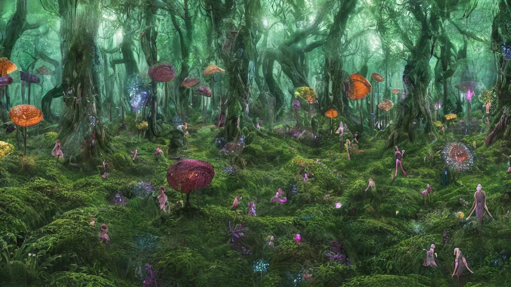 Image similar to 4k, acid trip, hall of mirrors, ultra detailed, a hyperrealistic image of a mycelium forest with fairies and pixies and birds