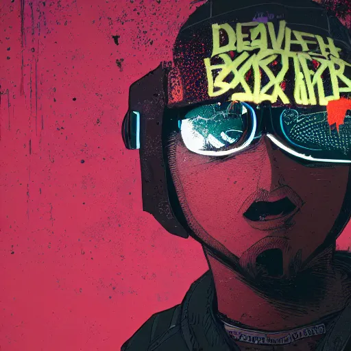 Image similar to in the style of max prentis and deathburger and laurie greasley a close up of a young explorer wearing a cyberpunk headpiece spraying graffiti on a wall, highly detailed, 8 k wallpaper