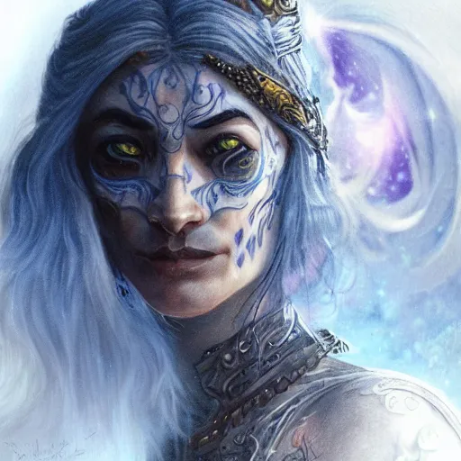 Image similar to an Artstation 3d render of Very very very very highly detailed beautiful mystic portrait of a phantom warrior with galaxy, tattoos by Anton Pieck, intricate, extremely detailed, digital painting, artstation, concept art, smooth, sharp focus, illustration, intimidating lighting, incredible art,