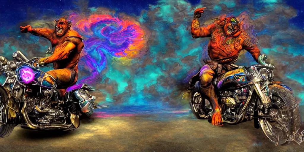 Prompt: high quality cinematic action shot of an orc doing a wheelie on a motorcycle, psychedelic blacklight airbrush art