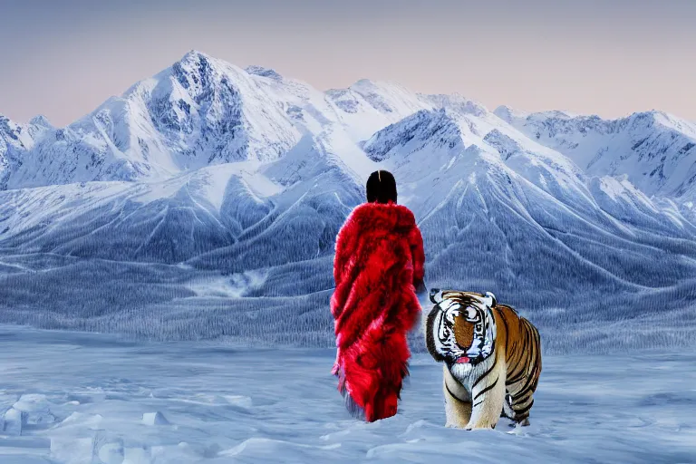 Prompt: a photo - realistic arctic landscape in wide angle, majestic snow - topped mountains in the background ( all white ), a tiger and an indian warrior woman ( intricate armor in earthern red ) in the foreground, wide angle, 1 8 mm, depth of field, foggy, moody, atmospheric