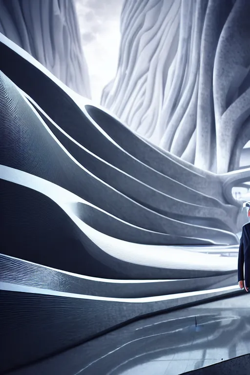 Prompt: a futuristic scene with an log silver haired beautiful donald trump in a white flowing dress, in front of a zaha hadid building, cinematic matte painting, extreme detail photo quality, dark moody colors, featured on behance