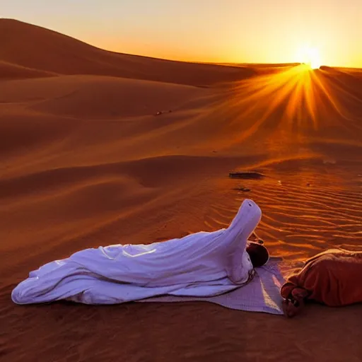 Prompt: a photo a Ghandi sleeping rough in the Sahara a sunrise, perfect lighting