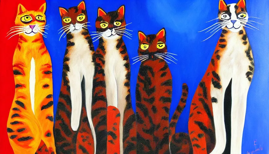 Image similar to acrylic painting of really tall cats by elizabeth warren bushel, thick brush strokes and visible paint layers