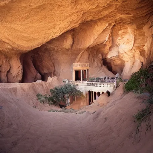 Image similar to a large, victorian mansion covered in sand in a humongous canyon. surreal, dream like